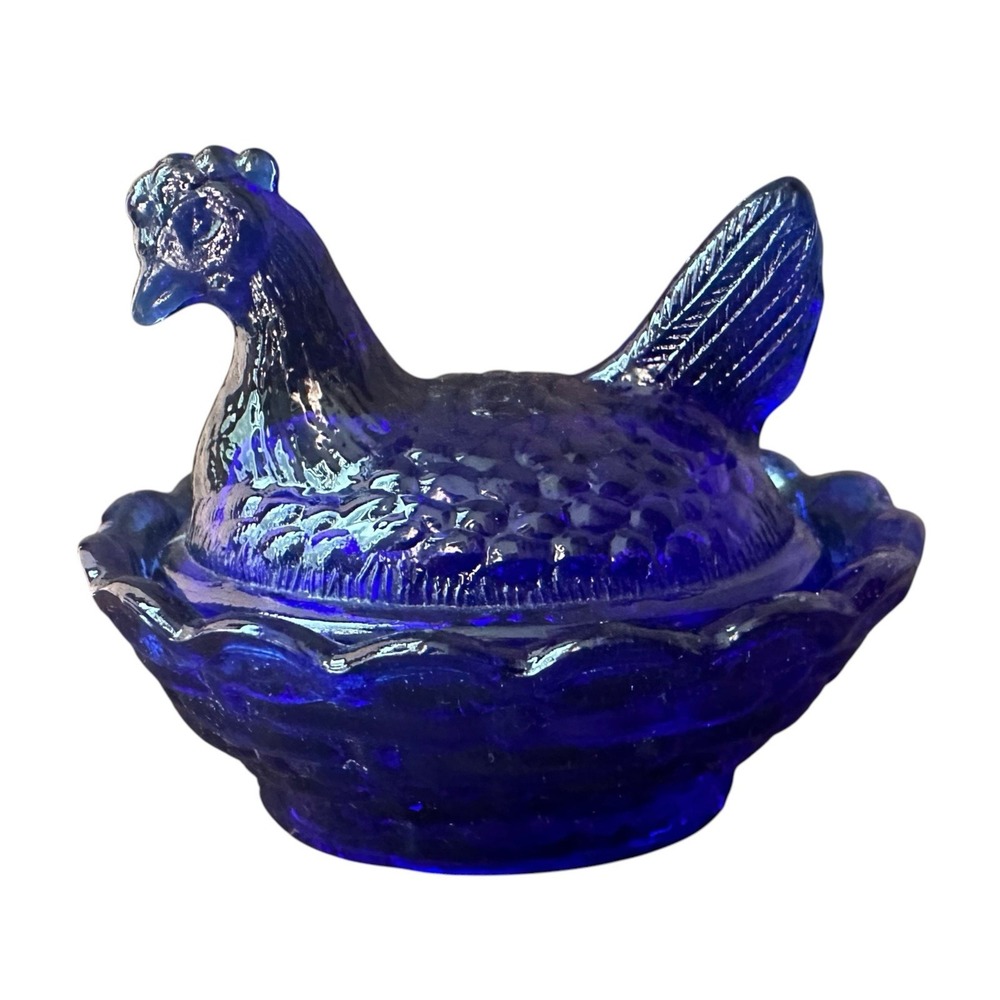 Degenhart Stamped Hen on Nest HON Salt Cellar Mini Miniature Small Cobalt Blue
